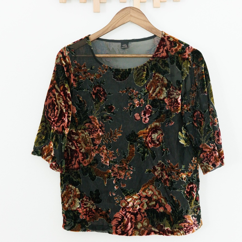 Only Hearts Helena Stuart Burnout Velvet Floral Mesh Top Sheer Blouse Small USA